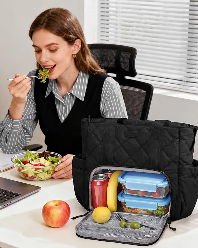 Puffer Lunch Tote Bag for Women, 15.6 Inch Laptop Work Bag with Insulated Lunch Compartment & Large Cup Holder, Lightweight Quilted Puffy Lunch Box Purse for Teacher Nurse Travel Office Daily School