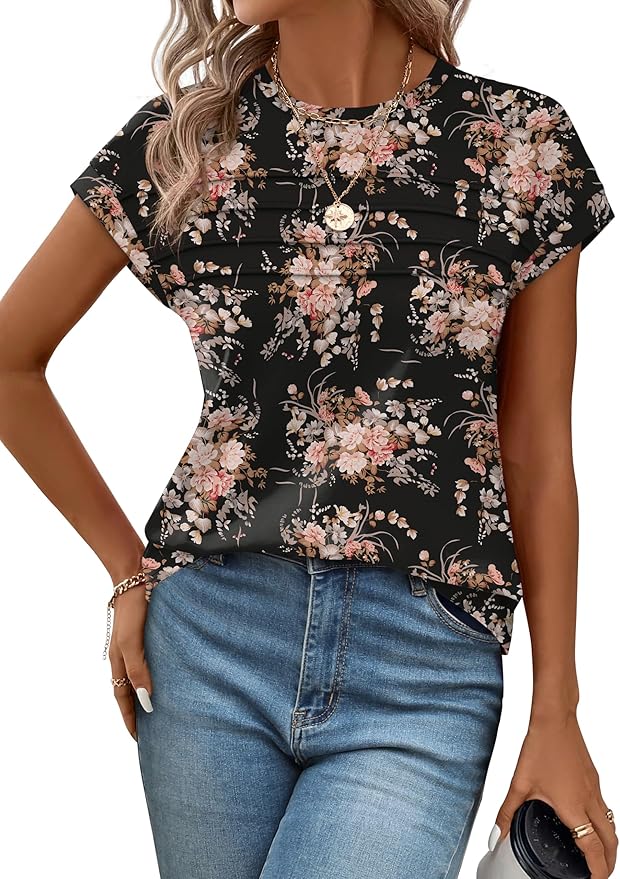 WEESO Womens Summer Tops Trendy 2026 Cap Sleeve T Shirts Crew Neck Pleated Front Beach Vacation Clothes Fashion