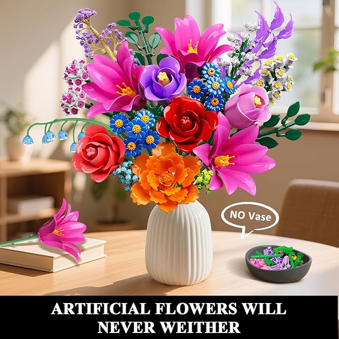 CUBIMANA Valentines Flowers Bouquet Building Set with LED Light, 21 Flower Botanical Collection Block Toy, Rose Lily Home Plant Decor 1054PCS, Gifts for Her Adults Women Mom Kids Girls 12+ (RED)