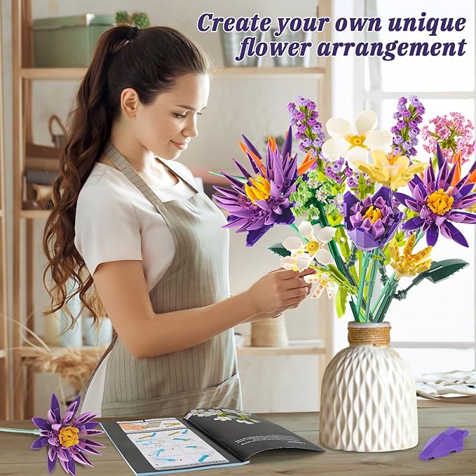 Flower Bouquet Building Set, 891PCS Creative DIY Flower Bouquet Set, Birds of Paradise and Water Lily Bouquet Building Sets for Home Office Decor for Adults, Gift for Mother's Day Valentine's Day