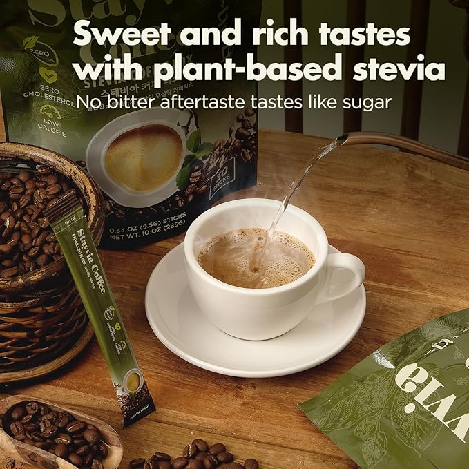 STAYVIA COFFEE Stevia Instant Coffee Packets - Korean Instant Latte with Sugar-Free & Low Calories - 120 Sticks (0.33oz) - Plant-Based Sweetener - Enjoy Caffeine Hot & Cold at Office, Home & Travel