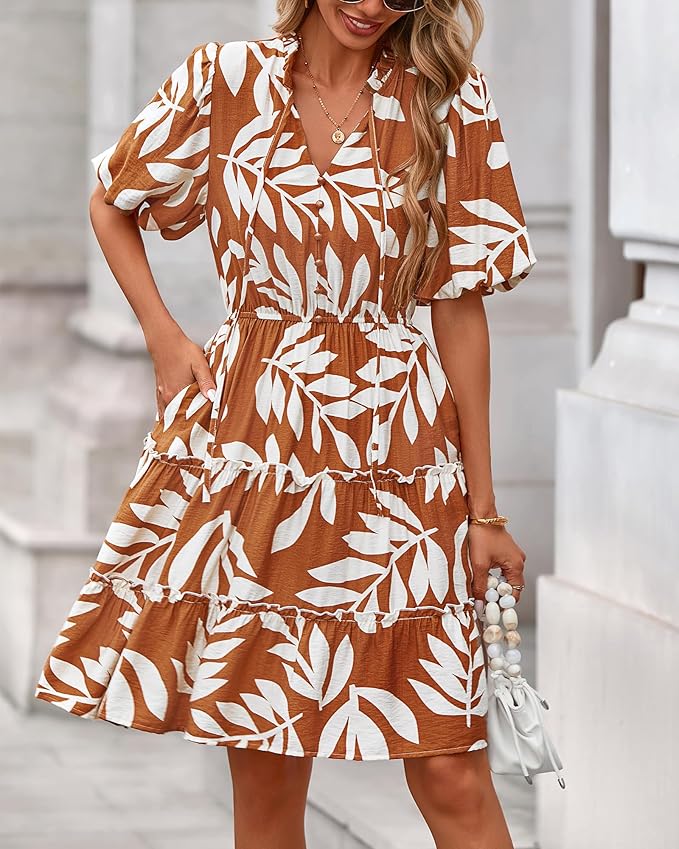 BTFBM Women Summer Floral Short Dresses V Neck Short Sleeve Tiered Ruffle Boho Swing Dress A-Line Mini Dresses