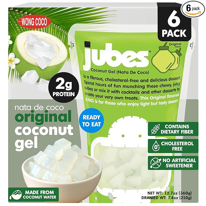 Jubes Pandan Nata de Coco Jelly Cubes, 12.7 oz Pack of 6, Coconut Gel in Syrup, Pandan Coconut Cubes for Sago, Bubble Tea, Boba, Desserts, Yogurt, Ice Cream