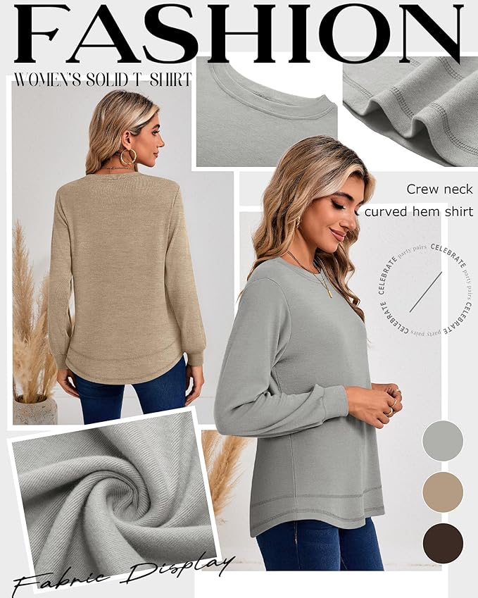 Ficerd 3 Pack Women's Long Sleeve Shirts, Cotton Crew Neck Tunic Tops Casual Loose Fit Pullover Sweatshirts Curved Hem Shirts