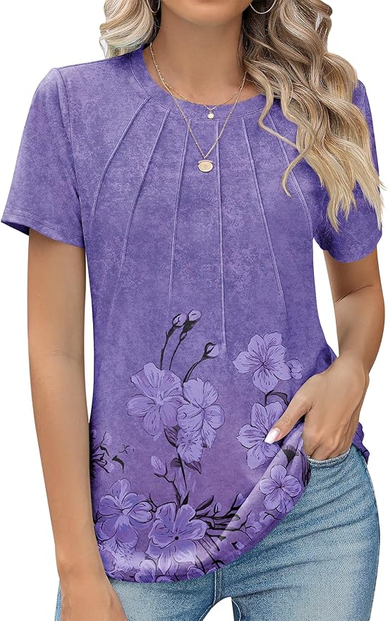 Kistore Womens Casual Crew Neck Short Sleeve Pleated Tops Blouses Fashion Clothes 2026