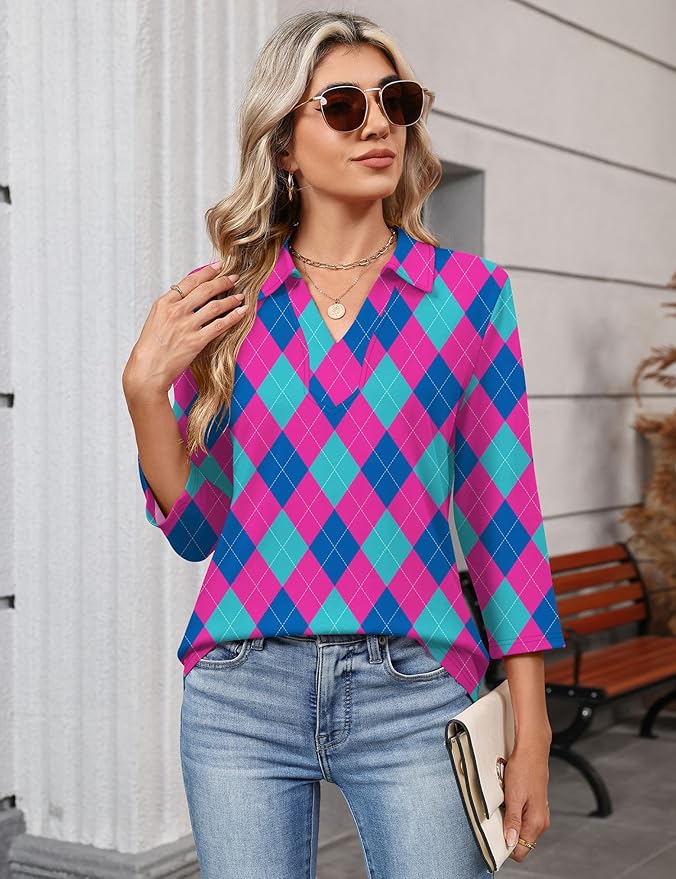 LOMON 3/4 Length Sleeve Womens Tops 2026 Spring Summer Collared Polo Shirts V Neck Casual Basic Polos Tees Shirt