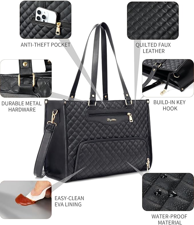 Lunch Tote Bag for Women, 15.6 Inch Laptop Work Bag with Insulated Lunch Box Compartment & Purse Large Capacity Quilted Computer Handbag for Office Business Work Nurse Teacher Travel Casual