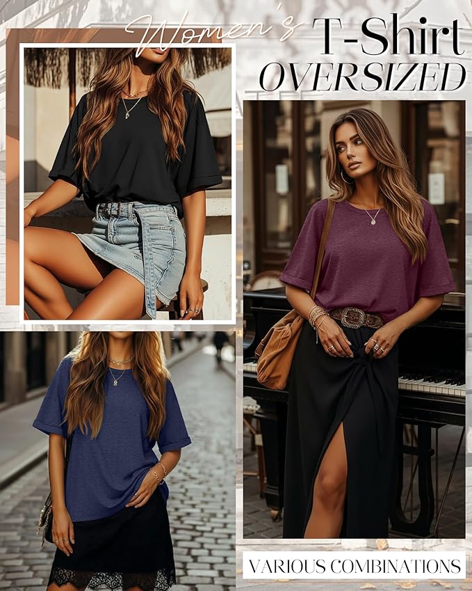 Riyiper 3 Pack Women's Oversized T-Shirt Half Sleeve Summer Tees Casual Loose Fit Crew Neck Basic Tops