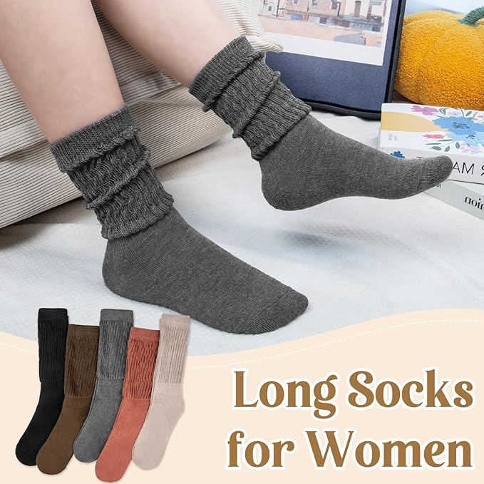 Justay 5 Pairs Slouchy Socks for Women - Slouch Long Crew Knit Boot Athletic Calf Tube Scrunch Socks