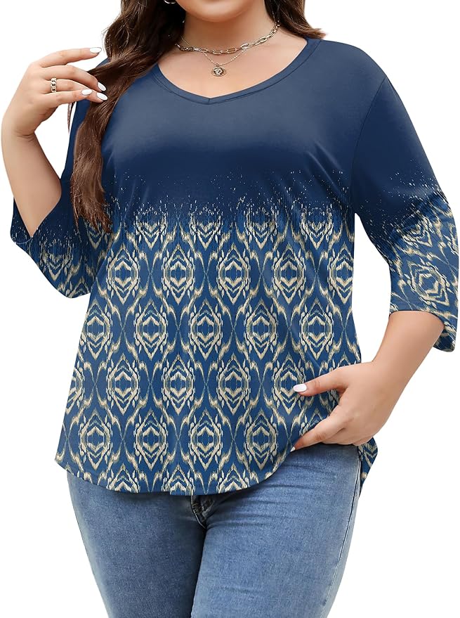 TFSDOD Womens Plus Size Tops V Neck T Shirts 3/4 Sleeve Blouse Summer Casual Tees XL-5X