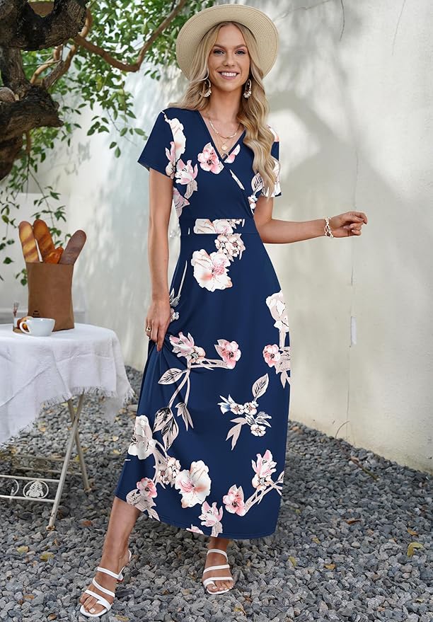 AUSELILY Maxi Dresses for Women Ankle Length Floral Print Beach Long Flowy Dress with Pockets