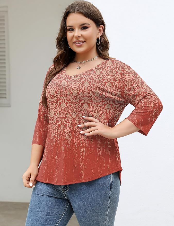TFSDOD Womens Plus Size Tops V Neck T Shirts 3/4 Sleeve Blouse Summer Casual Tees XL-5X