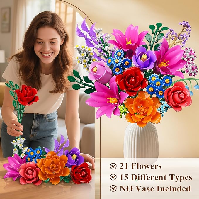 CUBIMANA Valentines Flowers Bouquet Building Set with LED Light, 21 Flower Botanical Collection Block Toy, Rose Lily Home Plant Decor 1054PCS, Gifts for Her Adults Women Mom Kids Girls 12+ (RED)