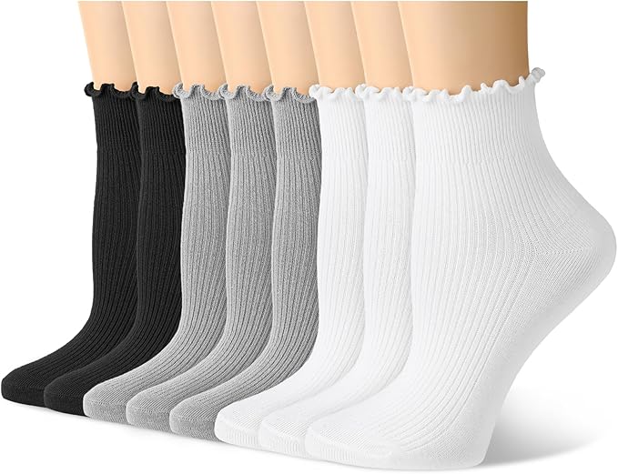 Justay 8 Pairs Ruffle Socks Woman Cute Frilly Soft Cotton Crew Ankle Socks for Women Gifts