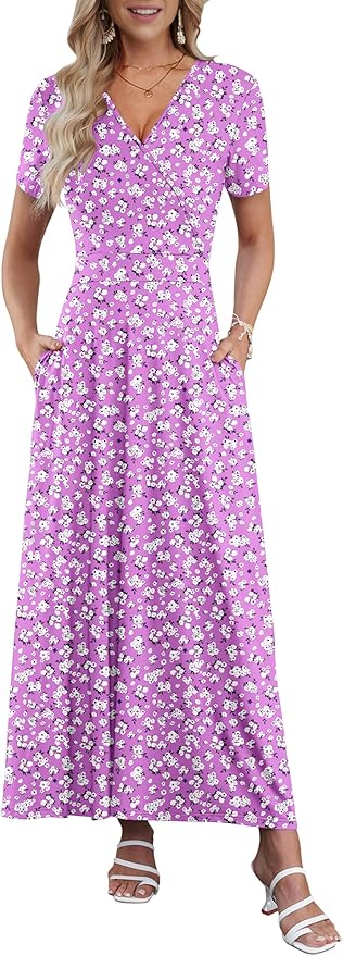 AUSELILY Maxi Dresses for Women Ankle Length Floral Print Beach Long Flowy Dress with Pockets