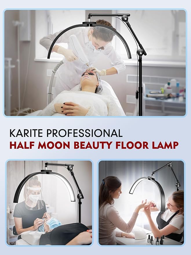 KARITE Half Moon Light for Lash Tech, LED Floor Lamp for Eyelash Extensions with Phone Holder, Adjustable Angle(3 Joints) & Height Desk Lamp for Nail Tch, 3000-6500K for Reading Makeup Tattoo