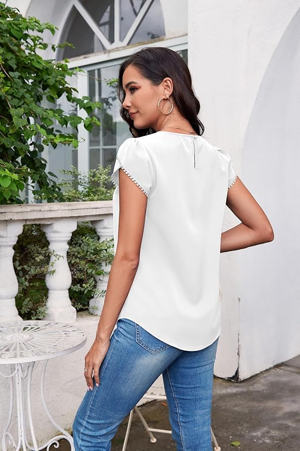 TASAMO Women's Casual Round Neck Basic Pleated Top Cap Sleeve Curved Keyhole Back Chiffon Blouse