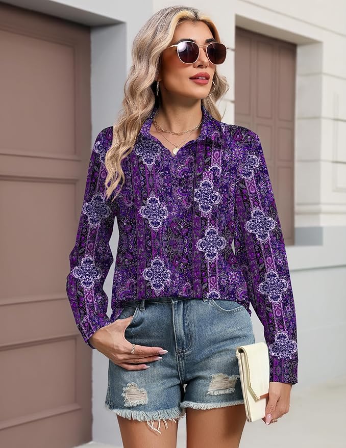 HOTOUCH Button Down Shirts for Women Long Sleeve Blouse Dressy Casual Business Work Tops with Pocket