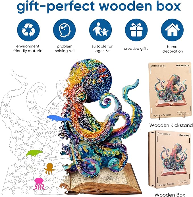 Reouinty Wooden Puzzle for Adults 500 Pieces, Octopus Book Jigsaw Puzzles, Unique Shape Animal Adult Puzzles, Irregular Wood Best Gift for Adults Family Game(16.8 * 16.1 in)