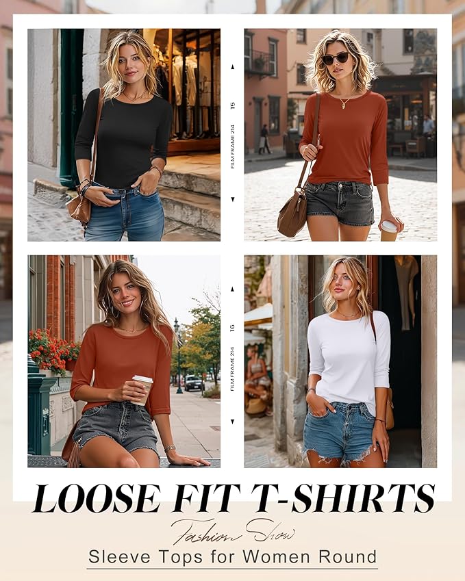 Ficerd 3 Pack 3/4 Sleeve Tops for Women Round Neck Dressy Basics Tees Casual Trendy Loose Fit T Shirts