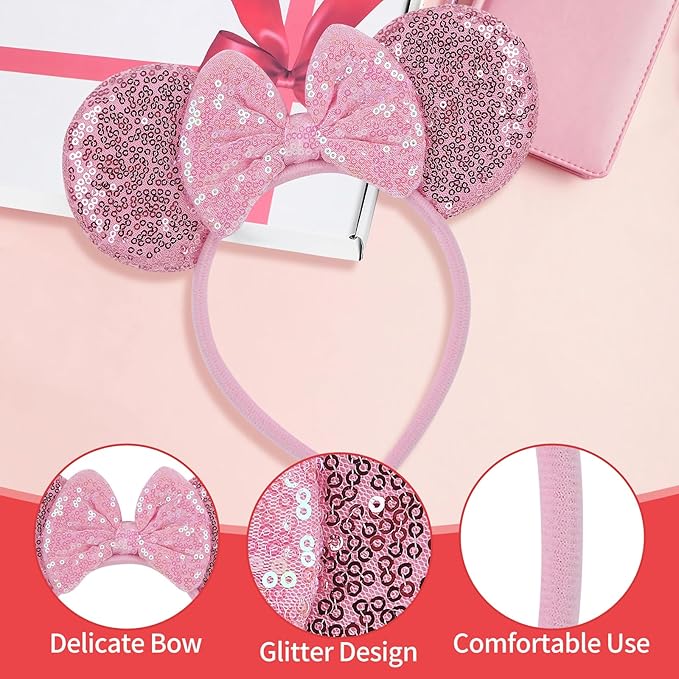 Sotaila 2 Pack Pink Purple Mouse Ears Headbands for Women Girls, Sequin Bow Headband for Cosplay Costume Birthday Party Decorations Hair Accessories