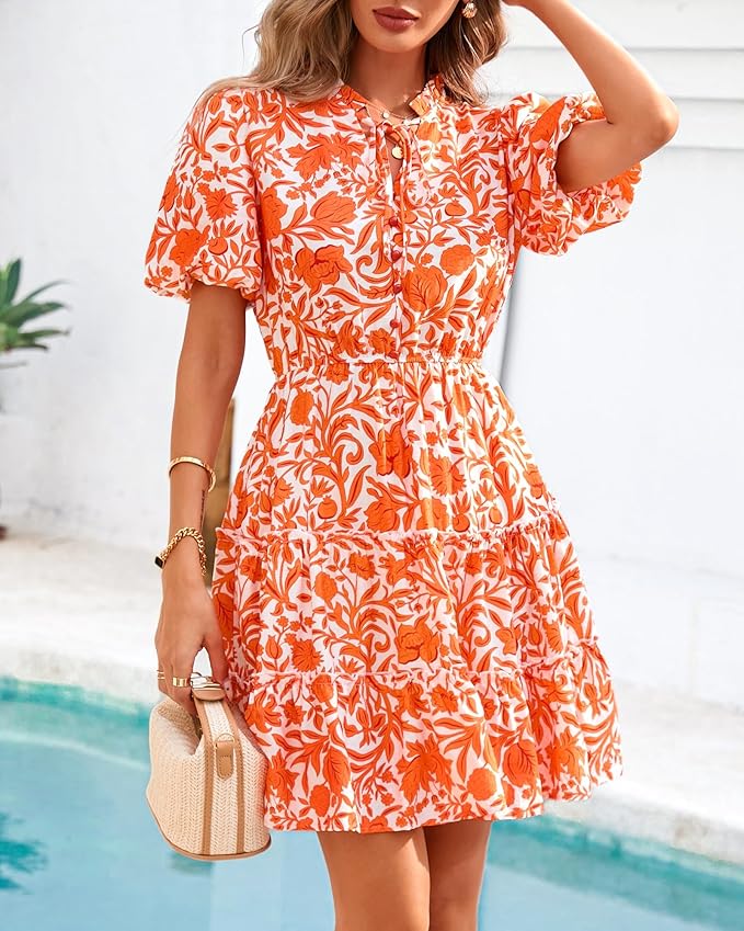 BTFBM Women Summer Floral Short Dresses V Neck Short Sleeve Tiered Ruffle Boho Swing Dress A-Line Mini Dresses