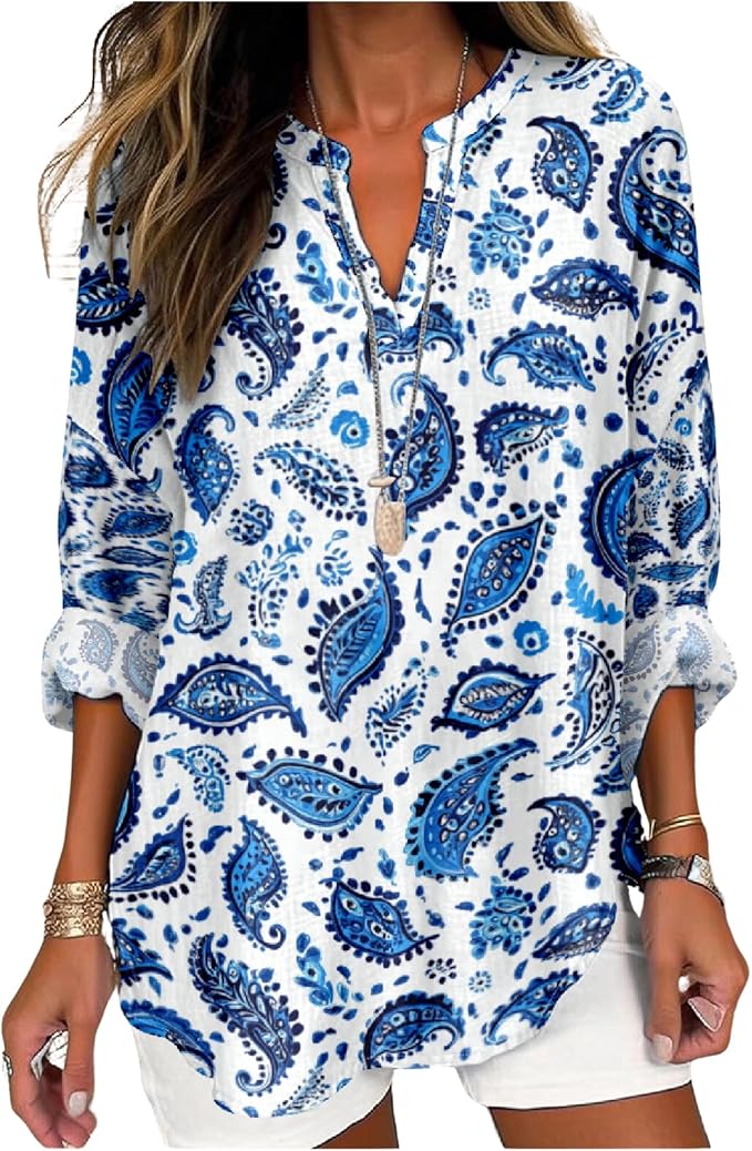 MARSVOVO V Neck Shirt For Women Boho Multi Style Blouse Long Sleeve Novelty Graphic Plus Size Pullover Tops For Women