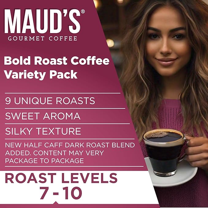 Maud's Bold Dark Roast Coffee Pods Variety Pack, 40 ct, 9 Assorted Dark Roast Flavors in Recyclable Single Serve Pods – 100% Arabica Coffee, Compatible with Keurig K Cups Maker