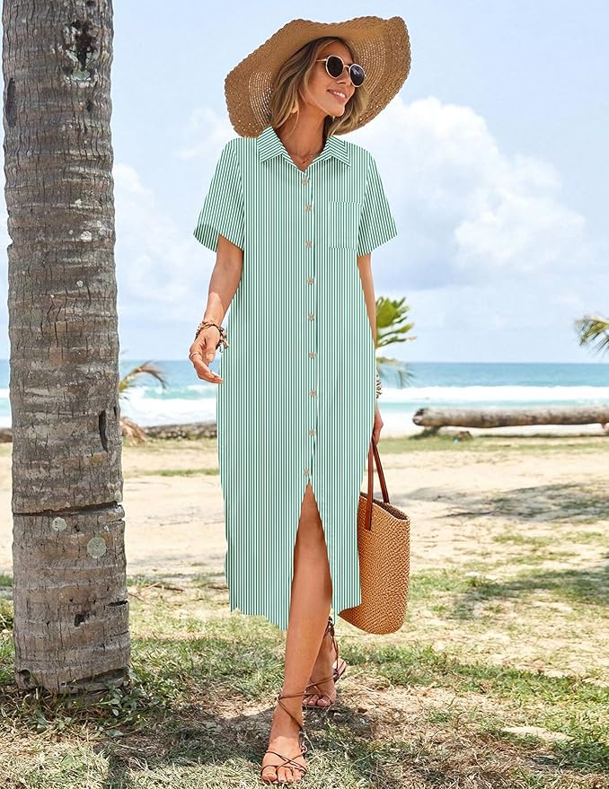 HOTOUCH Womens Dress Summer Casual Midi Short Sleeve Button Down Shirt Dresses Loose Beach Cover Up with Pockets