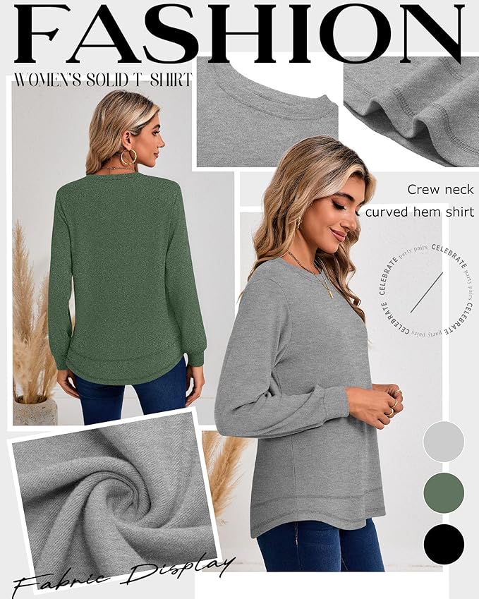 Ficerd 3 Pack Women's Long Sleeve Shirts, Cotton Crew Neck Tunic Tops Casual Loose Fit Pullover Sweatshirts Curved Hem Shirts