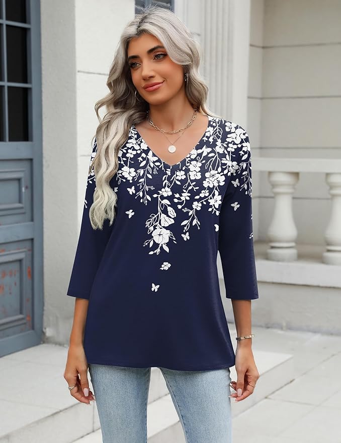 Zeagoo 3/4 Length Sleeve Womens Tops Casual V Neck Shirts Soft Basic Tees Business Work Blouses