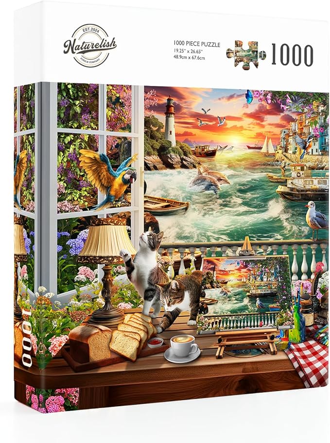 Naturelish 1000-Piece Puzzle for Adults - Relaxing Jigsaw Puzzle for Adults, Fun and Challenging Jigsaw Puzzles, Seaview by The Window Puzzle, 26.65 x 19.25 in