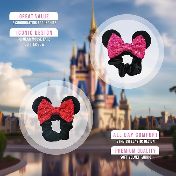 Styla Hair 2pk Mouse Ear Scrunchies, Hot Pink Solid Red - Velvet Hair Bow Scrunchies for Women with Sparkle Sequins, Mickey Mouse Ears for Pony Tail