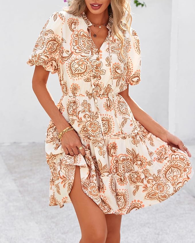 BTFBM Women Summer Floral Short Dresses V Neck Short Sleeve Tiered Ruffle Boho Swing Dress A-Line Mini Dresses