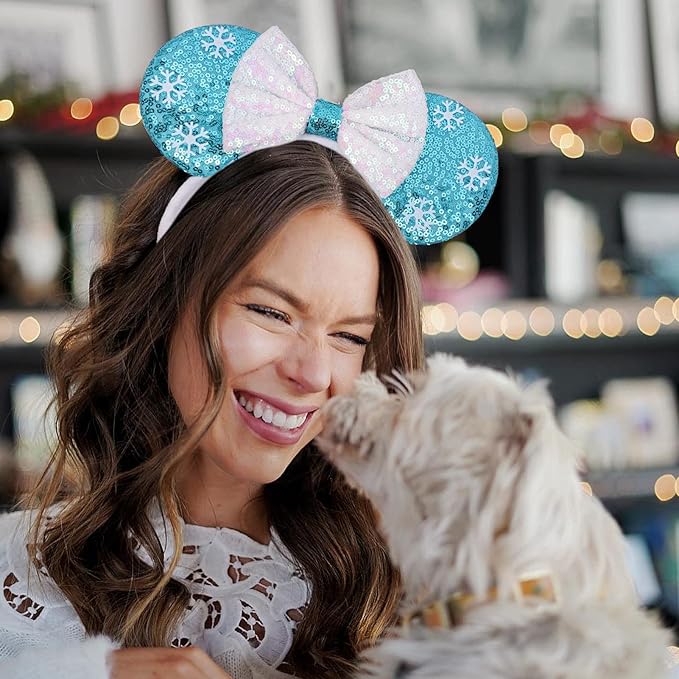 ETLUK Mouse Ears Headband, ICY Blue Snowflake Sequin Ear Headband with Bow，Princess Mouse Ears for Women Girls, Cosplay Accessories Party Decorations(Blue)
