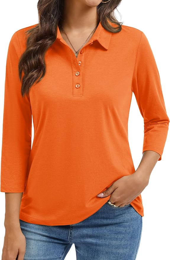 YUCOLEN Polo Shirts for Women 3/4 Sleeve Tops Golf Tees 5-Button Collared Cotton Shirt Business Casual