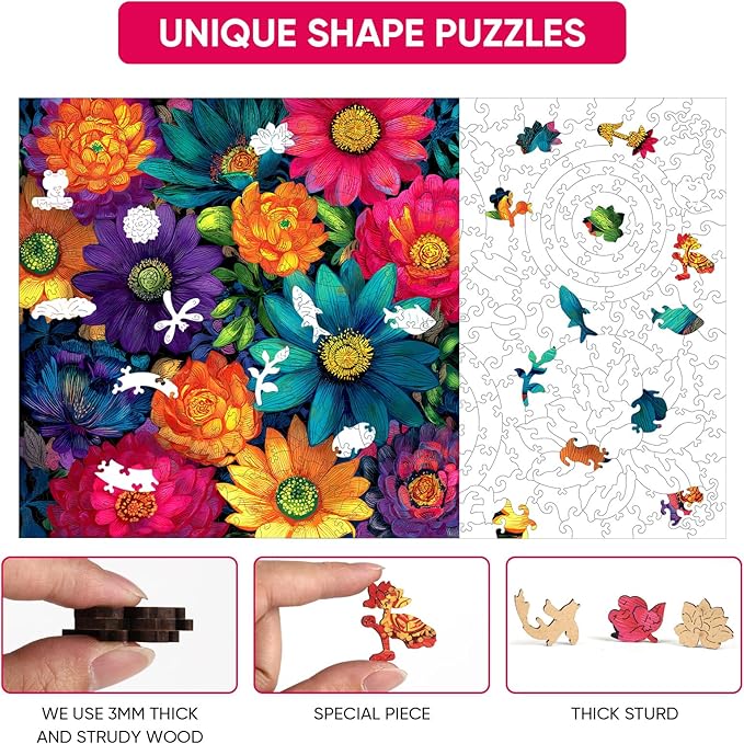 MEATRN Multicolor Chrysanthemum Wooden Puzzles for Adults 200 Pcs, 11.2x11.2 in, Fun Educational Wood Puzzle, Handmade Decorative Gift, Relaxing Wood Puzzle Game for Family