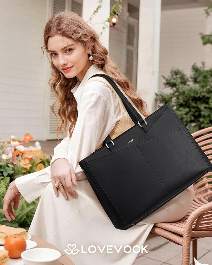 LOVEVOOK Lunch Tote Bag for Women, 3 in 1 Work Bag with Insulated Lunch Compartment, Laptop Bag with Large Cup Holder for Office, College, Casual, Black