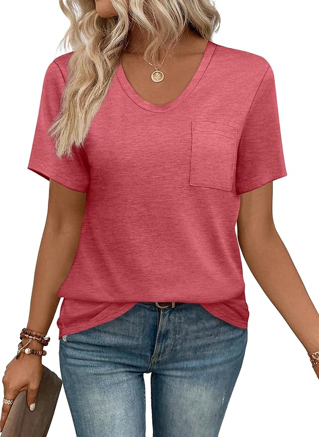 WIHOLL Women Summer T Shirts Short Sleeve Rounded V Neck Pocket Tee Tops