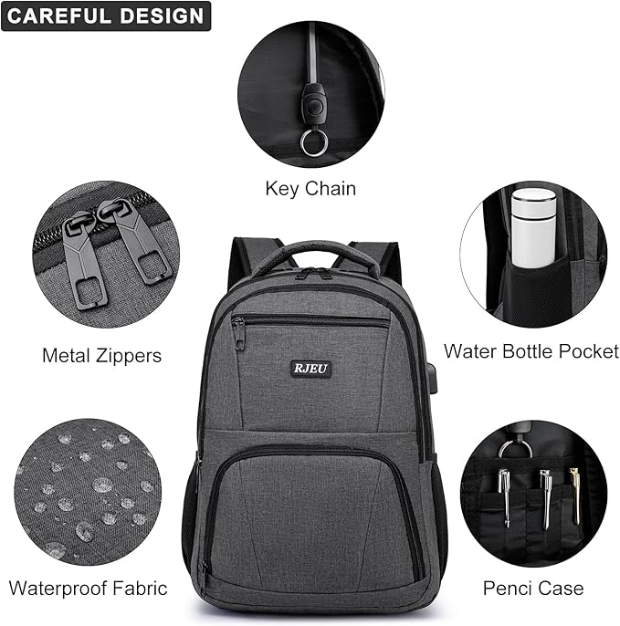RJEU School Backpack for Teens & College Students - 17.3 Inch Laptop Backpack with USB Charging Port, Water Resistant Travel Bookbag for Men, Women, Business & University, Grey