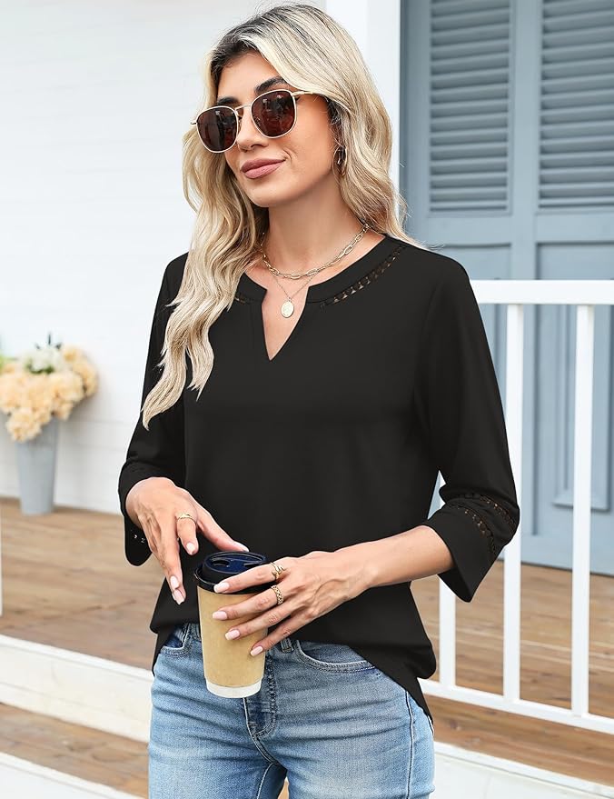 Ivicoer 3/4 Length Sleeve Womens Tops V Neck Lace Embroidered Summer Blouses Loose Fit Tunic Dressy Casual