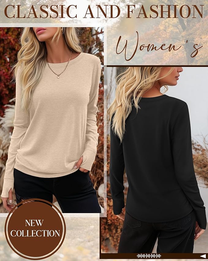 Huukeay 3 Pack Women's Long Sleeve Shirts with Thumb Holes, Cotton Casual Crew Neck Tunic Tops Fall Loose Y2k Trendy Outfits
