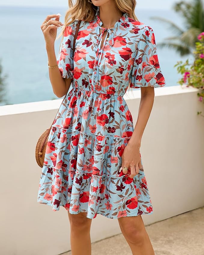 BTFBM Women Summer Floral Short Dresses V Neck Short Sleeve Tiered Ruffle Boho Swing Dress A-Line Mini Dresses