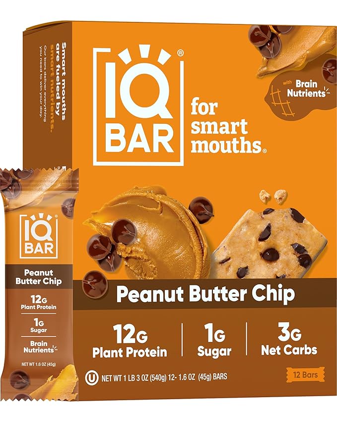 IQBAR Brain and Body Plant Protein Bars - Peanut Butter Chip - 12 Count, Low Carb, High Fiber, Gluten Free, Vegan Snacks - Low Sugar Keto Energy Bars