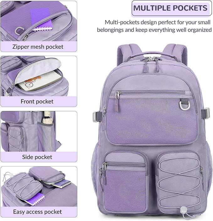 Lohol Water Resistant Backpack with Mulitiple Pockets for Travel Outdoor College, 15.6 inch Laptop Bookbag for Girl and Women (Purple)