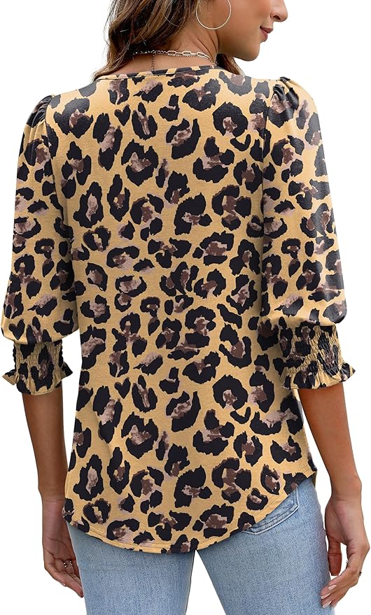 XIEERDUO Blouses for Women Dressy Casual 3/4 Length Sleeve Womens Tops with Smocked Cuffs