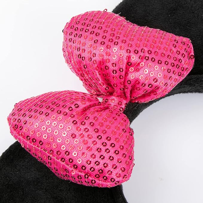 CHuangQi 1pcs Mouse Ears Shiny Headband with 3D Bow Hair Band Double-sided Sequin Bow for Birthday Party or Amusement Park (3D RoseredBow)