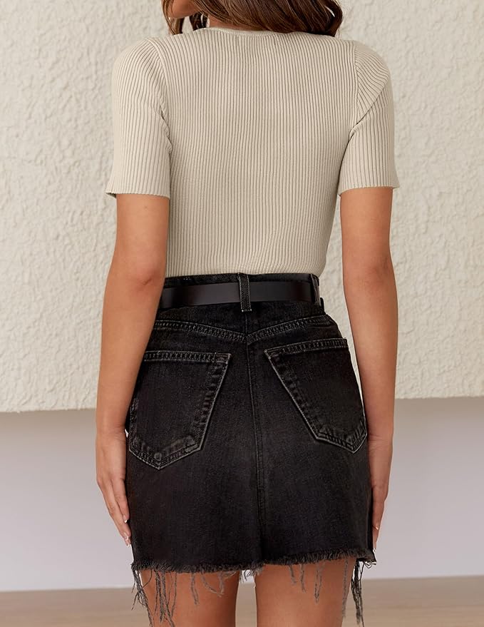 ZESICA Women's Short Sleeve Sweater Tops 2026 Summer Crewneck T Shirt Ribbed Knit Slim Fit Basic Solid Color Tee