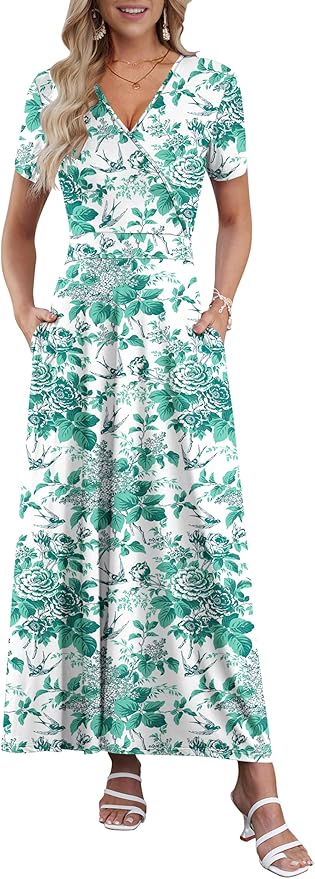 AUSELILY Maxi Dresses for Women Ankle Length Floral Print Beach Long Flowy Dress with Pockets