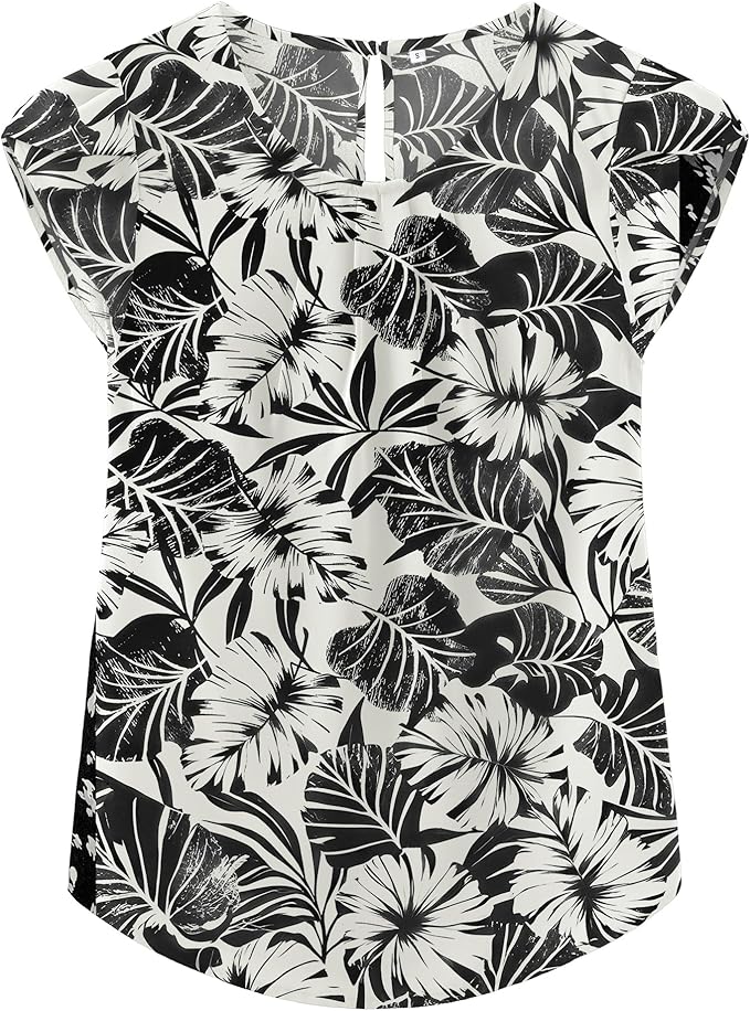 TASAMO Women's Casual Round Neck Basic Pleated Top Cap Sleeve Curved Keyhole Back Chiffon Blouse